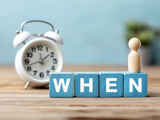 目覚まし時計とWHENの文字ブロックで行動のタイミングや判断の時期を考えるイメージ