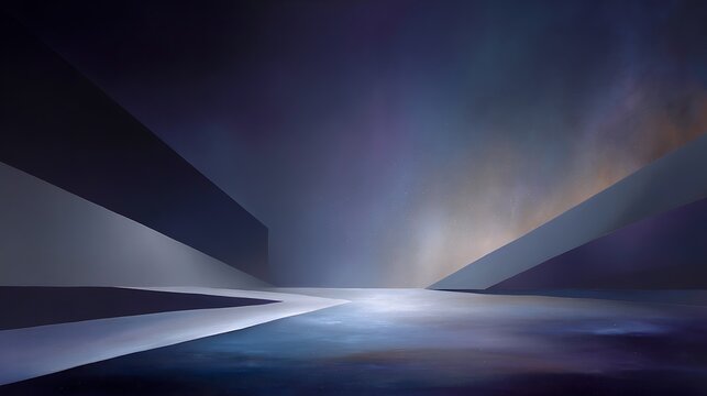 Celestial divide, luminous horizon where light of creation meets absolute darkness, geometric composition, soft cosmic haze, 