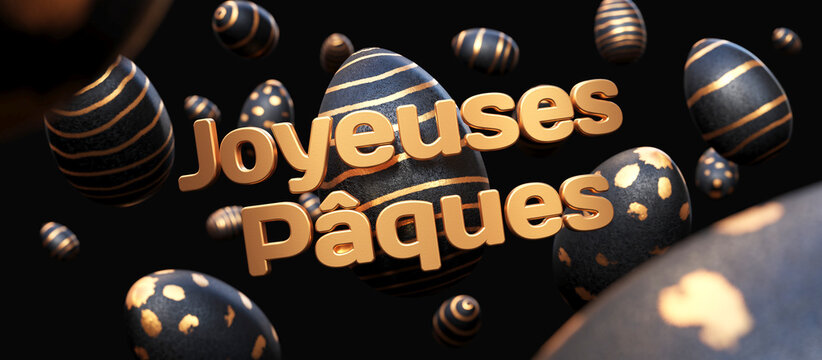 banni&egrave;re web avec le texte Joyeuses P&acirc;ques et des oeufs noirs et dor&eacute;s, effet de profondeur de champ - rendu 3D