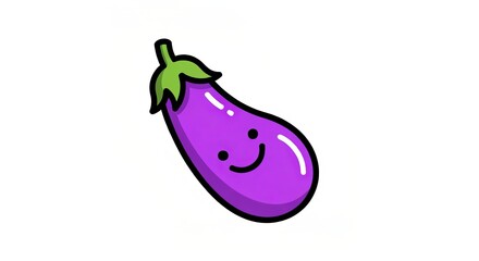 Stylized Vector Aubergine Icon, Joyful Purple Eggplant with Outlines on White Background
