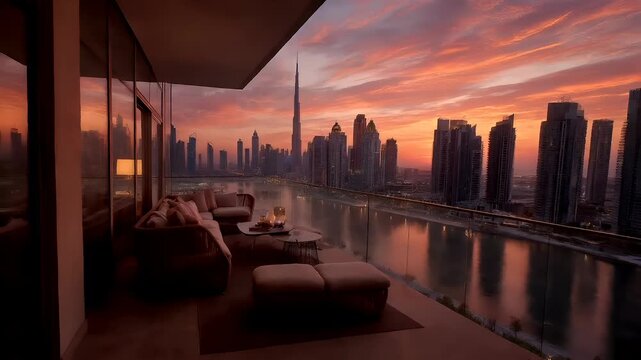 Real estate business market, house home building purchase sale. A luxurious penthouse with a panoramic view of the Dubai skyline at sunset. Inside the penthouse, there is a sofa with cushions.