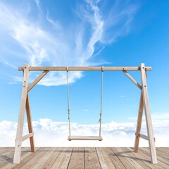 Wooden swing set against a backdrop of clouds and blue sky