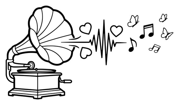Vintage gramophone playing love melody with heartbeat sound wave vector illustration
