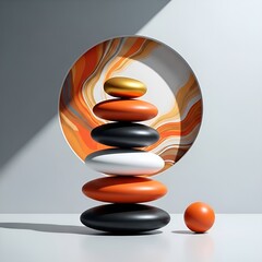 Stack of colorful stones on a marble surface with a single stone beside it