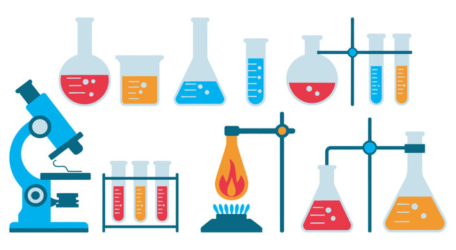 Laboratory equipment and glassware, science experiment tools with colorful liquids and flames, chemistry lab setup, educational vector illustration, white background