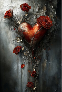 Surreal Dark Gothic Fantasy Art of a Metallic Red Heart Entwined with Blooming Red Roses
