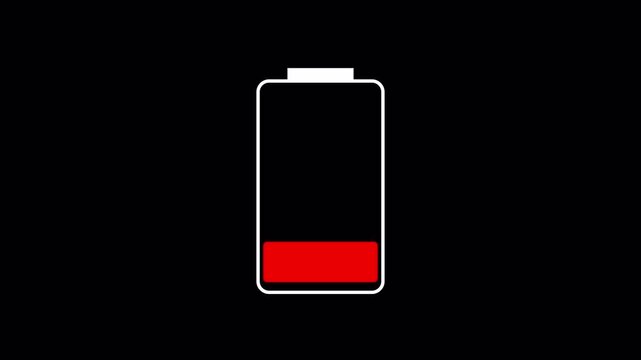 Mobile phone low battery warning blink animation with alpha channel, digital low battery charge status indicator animation, battery last red cell animation,
 No energy, low battery alert, Critical lev