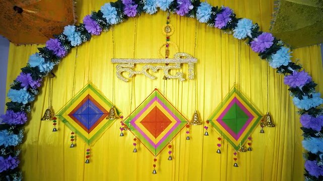 Colorful Haldi Ceremony Decoration with Traditional Indian Wedding Backdrop