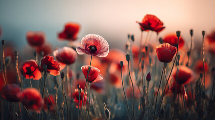 Obraz premium Vibrant field of red poppy flowers swaying gently in the breeze under a soft sunset sky, creating a picturesque natural landscape