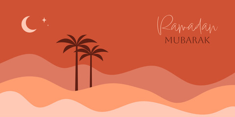 Ramadan Mubarak greeting banner with palm trees, crescent moon and desert hills. Elegant warm illustration for Islamic celebrations, cards, posters and social media. © Helen