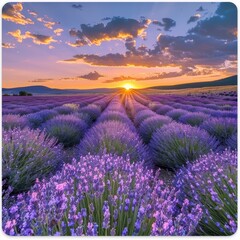 Fototapeta premium Lavender Field At Sunset With Golden Light