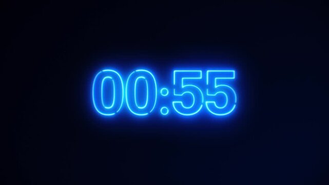 Countdown timer with neon blue numbers on dark background digital animation