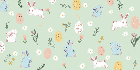 Seamless Easter Bunny Pattern with Eggs and Flowers on Pastel Background
