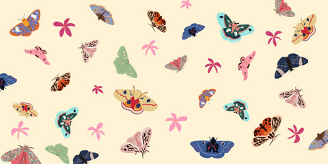 Colorful Butterflies and Flowers on Yellow Background Illustration

