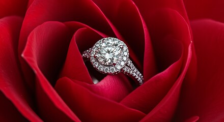 A diamond ring nestled in a beautiful red rose
