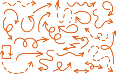 Set of hand-drawn orange arrows and pointers in various shapes and styles, perfect for direction, navigation, and design accents on a white background.