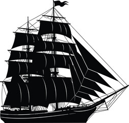 Majestic black silhouette of a vintage wooden sailing ship with detailed rigging and full sails isolated on white background for nautical maritime history designs. © Poritash
