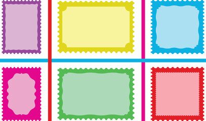 Colorful set of six decorative, stylized blank frames or labels in pastel colors, resembling postage stamps for creative design.