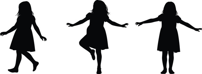 Obraz premium Set of three little girl silhouettes dancing and playing isolated on white background, childhood joy and freedom vector illustration for family lifestyle designs