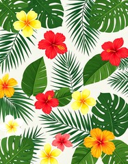 Fototapeta premium Tropical floral design with red, yellow, pink hibiscus and green foliage