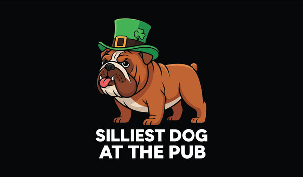 Silliest dog at the pub illustration for St. Patrick's Day with a festive green hat and shamrock.