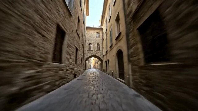 Exploring a historic stone-paved alleyway. It is an exploration of time-worn architecture. FPV drone perspective landscape animation