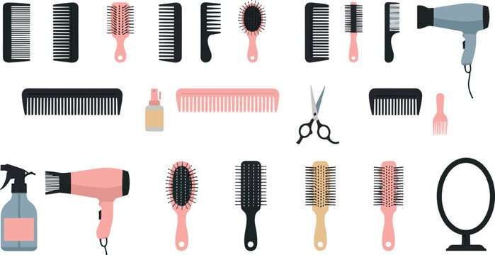 Hair Styling and Beauty Salon Tools Set with Combs, Brushes, Scissors, Hair Dryers, Spray Bottle, and Grooming Accessories Vector Illustration