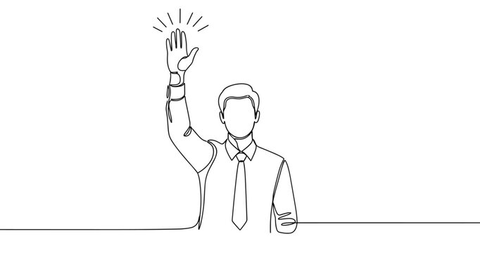 Caucasian male adult businessman raising hand in line art style. No editable stroke