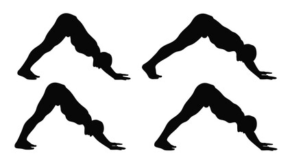 Four silhouettes demonstrate the downward facing dog yoga pose in various stages