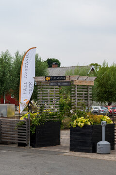 Kivik, Sweden - August 20 2020: The entrance to the fresh fish store Buhres during the covid pandemic