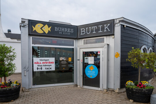 Kivik, Sweden - August 20 2020: The entrance to the fresh fish store Buhres during the covid pandemic