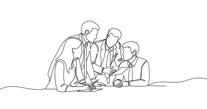 Professional team discussion: group of adults engaged in collaborative office meeting. No editable stroke