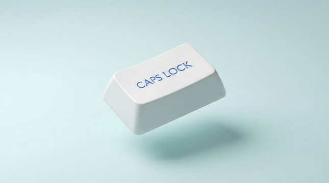 White Caps Lock keyboard key floating against a light blue background, representing technology and communication.