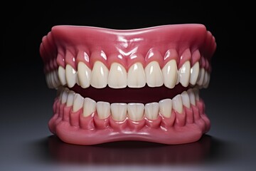 Obraz premium Denture with artificial teeth and pink gums on a dark background, representing oral health