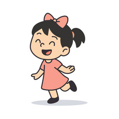 Dancing Girl with Pigtails and Red Ribbon cartoon illustration, Vector illustration in flat style.