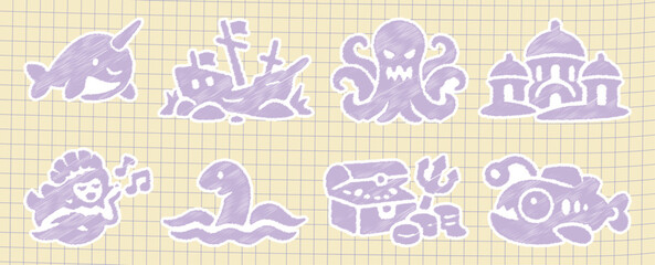 Mystical Deep Sea Doodles: Hand-Drawn Purple Underwater Sticker Set for Creative Journaling Magic © MSTMAYA