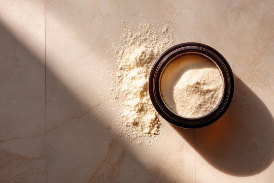 Natural colostrum powder in round jar, highlighting health benef