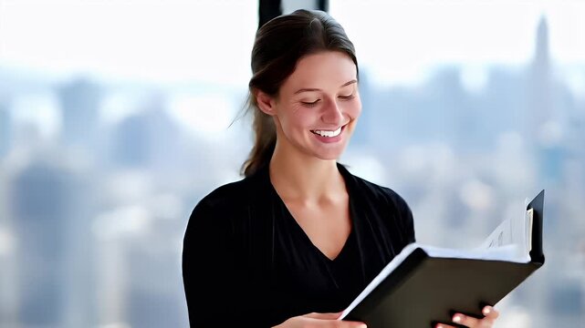 Real estate business market, house home building purchase sale. A woman in a black dress standing by a window, holding a black folder in her hand. The background is slightly blurred.