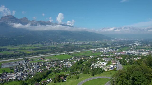 An  aerial panorama view of the old town city Triesenberg in Liechtenstein on a sunny noon in summer