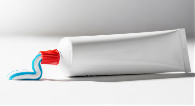Toothpaste tube with blue paste on white background