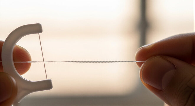 Hand holding floss pick against bright background