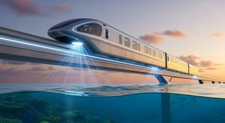 Fototapeta premium Futuristic, sleek monorail transport system glides smoothly above vibrant ocean waters near sunset