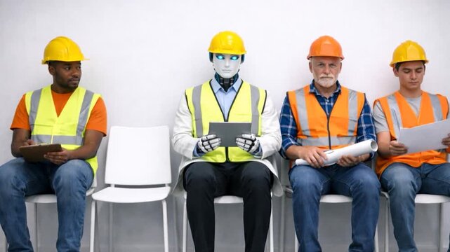 Construction workers and a humanoid robot are waiting for a job interview. 

