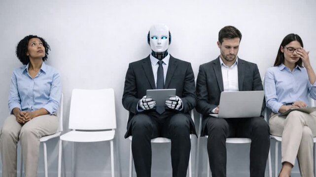 Humans and AI humanoid robot waiting for a job interview.


