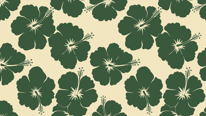 Fototapeta premium Seamless Green Hibiscus Flower Pattern on Creamy Background