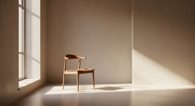 One wooden chair in an empty studio with cinematic sunbeams. Minimalist aesthetic focusing on light and shadow. Concept for solitude, mental health, or interio