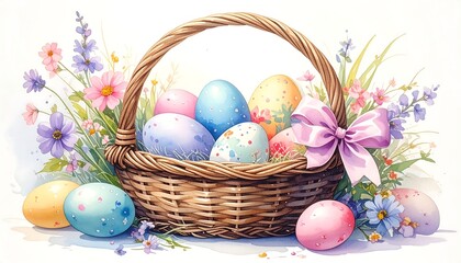 Fototapeta premium Watercolor illustration of Easter eggs in a woven basket with flowers
