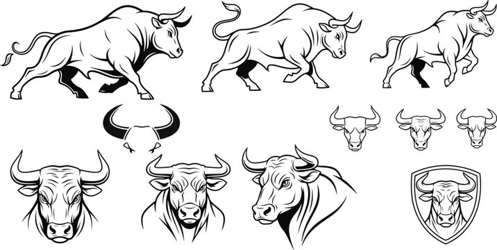 Set of bull graphics including full body illustrations in motion, heads, horns, and a shield emblem, offering versatile elements for strong branding.
