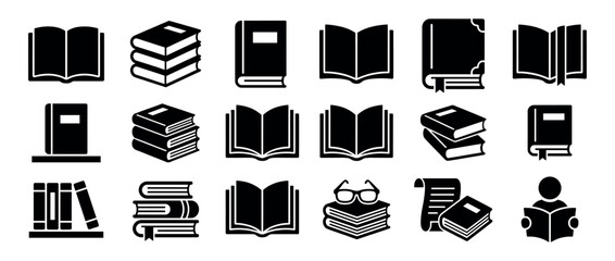 Set of black silhouette book icons representing learning, knowledge, and literature, featuring open pages, stacked volumes, bookmarks, and a reader pictogram