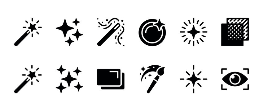 Black glyph icon set for photo editing and image enhancement, featuring magic wands, sparkles, layers, and retouching tools for applying special effects and filters